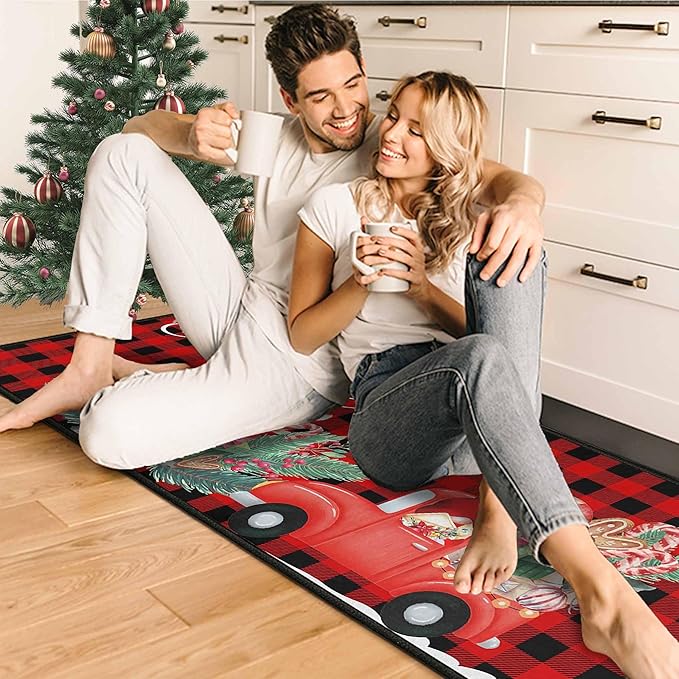 Buffalo Plaid Red Truck Christmas Kitchen Rugs 2 PCS, Merry Christmas Kitchen Rug, Non Skid Washable Soft Comfort Kitchen Rugs Set (17"x47"+17"x30",Merry Christmas)
