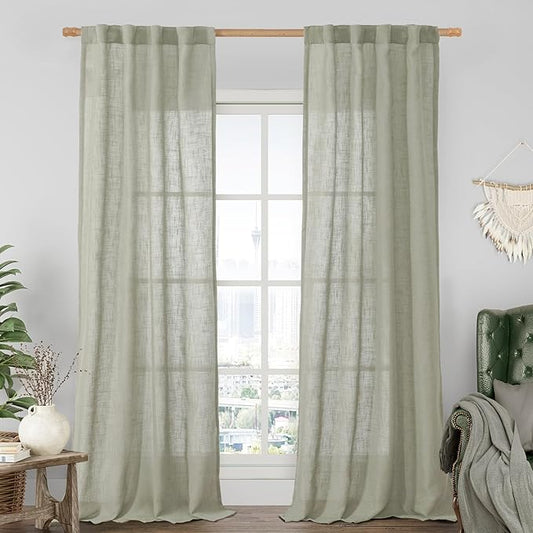 LAMIT Sage Grey Linen Boho Curtains 84 inch Length 2 Panels, Light Filtering Semi Sheer Panels Back Tab and Rod Pocket Neutral Drapes for Bedroom/Living Room, 34 x 84 Inch