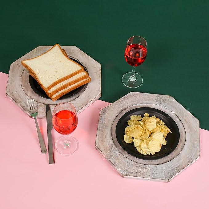 Alpha Living Home 2 Piece Handcrafted Wooden Plate - 13" Round Wood Dish, Party Platter and Tray for Sandwich Bread Serving, Appetizer Display, Vintage Ring Dish (White)