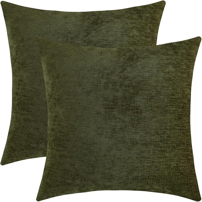 Sage Green Chenille Decorative Couch Throw Pillow Covers, Soft Cushion Cases for Home Livingroom Sofa Décor, Pack of 2, 14 x 14 Inches