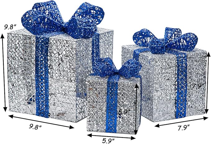 Sunnyglade 10”-8”-6” Set of 3 Christmas Lighted Gift Boxes with Plug for Christmas Decor, Weddings Yard Home Holiday Art Decorations (Silver)