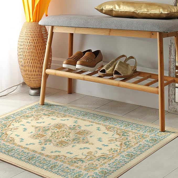 Antep Rugs Alfombras Oriental Traditional 2x4 Non-Skid (Non-Slip) Low Profile Pile Rubber Backing Kitchen Area Rugs (Blue Beige, 2'3" x 4')