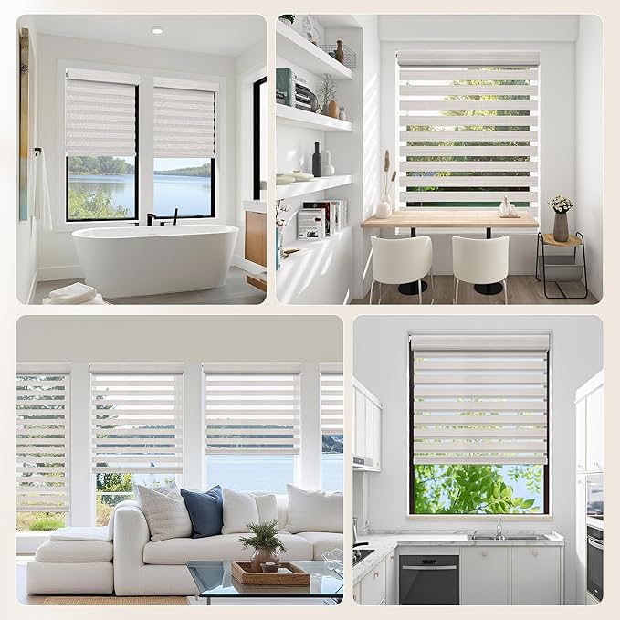 Grandekor No Drill Zebra Blinds for Windows,Cordless Zebra Shades Dual Layer, Pull Down Roller Shades Free-Stop,Custom Sizes,Silky Khaki,Easy to Install for Home, Office, Bedroom