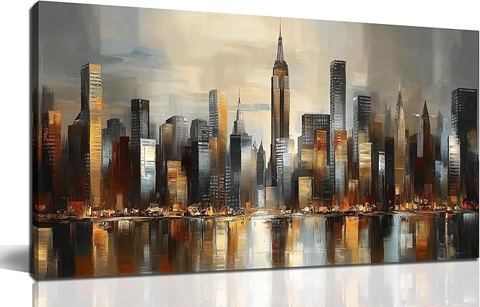 GUGIKA City Wall Art for Living Room, Gold and Grey Wall-Decor for Bedroom, Modern Cityscape Poster Canvas Print, Size 40 x 20 Inches