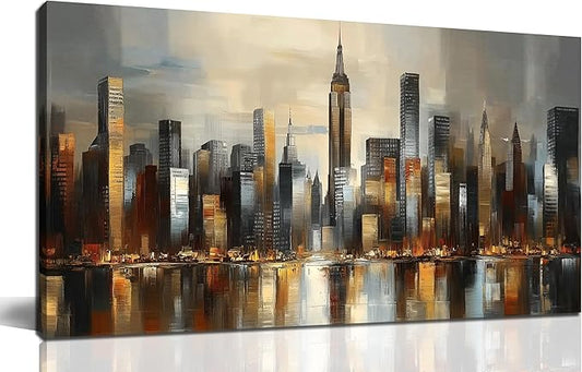 GUGIKA City Wall Art for Living Room, Gold and Grey Wall-Decor for Bedroom, Modern Cityscape Poster Canvas Print, Size 40 x 20 Inches