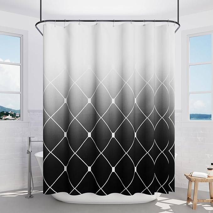 Black Shower Curtain, Ombre Waffle Weave Textured Fabric Shower Curtain for Bathroom, Water Repellent, Machine Washable, 108x72