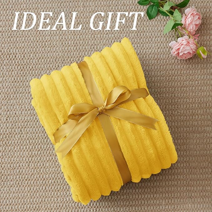 BEDELITE Fleece Throw Blanket for Couch - 300GSM Soft & Warm Fluffy Yellow Blanket, Decorative and Giftable Striped Blankets for Women, Men, 50"x60"