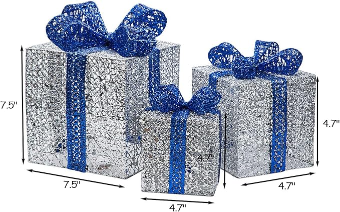 Sunnyglade 7.5”-5.9”-4.7” Set of 3 Christmas Lighted Gift Boxes with Plug for Christmas Decor, Weddings Yard Home Holiday Art Decorations (Silver)