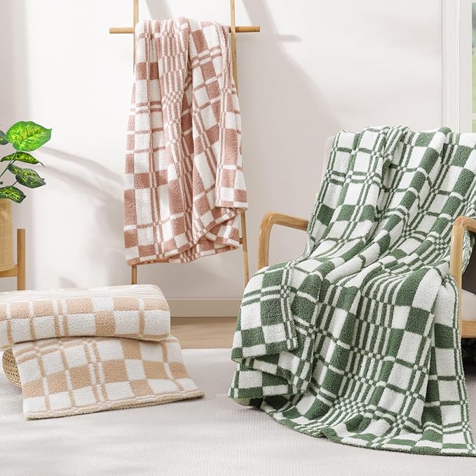 WRENSONGE Checkered Throw Blanket, Olive Green Soft Cozy Fluffy Warm Hand Made Throw Blankets for Couch, Sofa, Chair, Bed, Camping, Picnic, Travel Lightweight Bed Blanket - 50"*60"