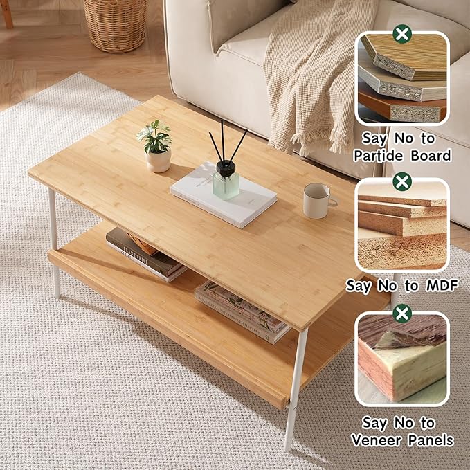 Bamboo 2 Layer Coffee Table - Tier Storage Mid Century Modern Farmhouse Center Table for Living Room, Bedroom, Office, Patio(Natural)