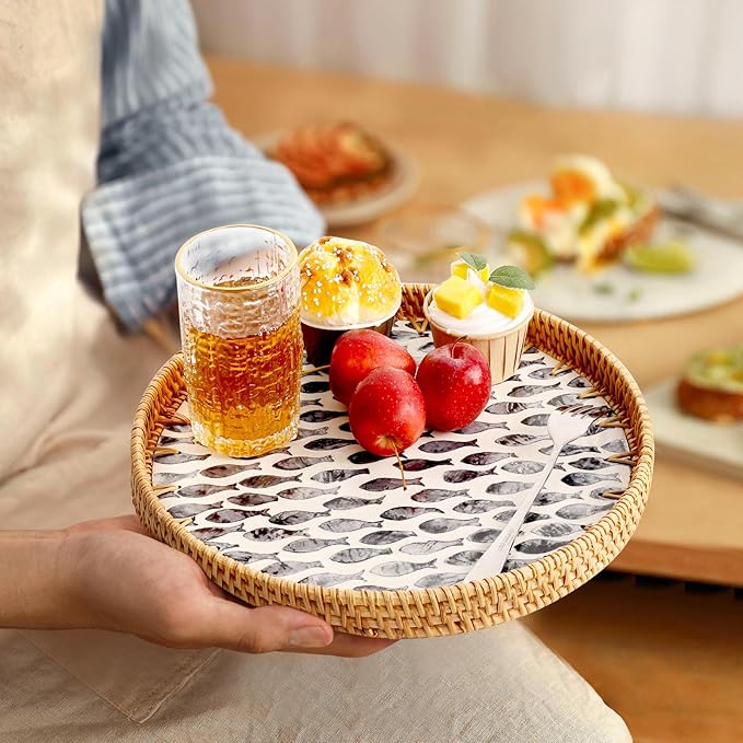 Round Rattan Tray with Mother of Pearl Inlay, Rattan Serving Tray for Coffee, Bread, Fruits, Decorative Wicker Tray for Table Decor, Home Decor, Kitchen Island Decor (Dark Blue Fish, 11.8")