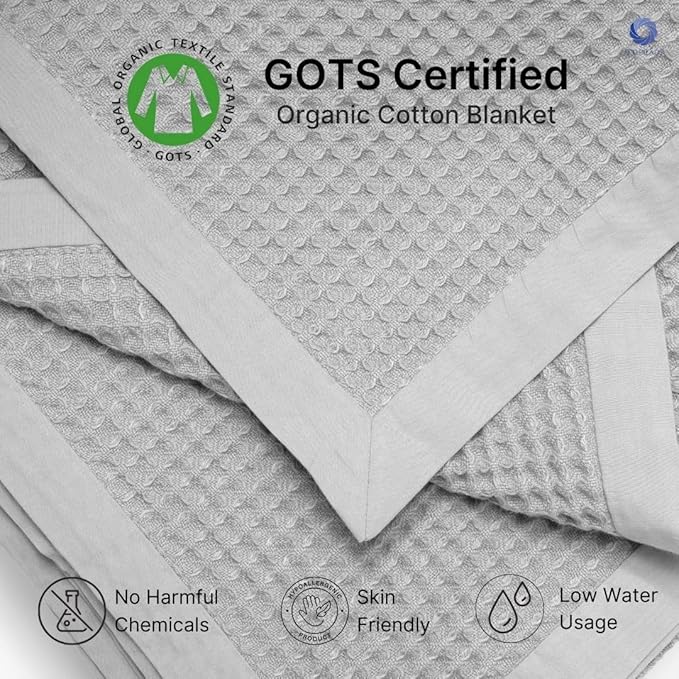 GOTS Certified Organic Cotton Waffle Weave Blanket, King Bed Size,108"X90" Cozy Throw Blanket for Couch, Modern Home Decor, Throw Blankets,Waffle Blanket, Soft Bed Blankets -Scottish Grey