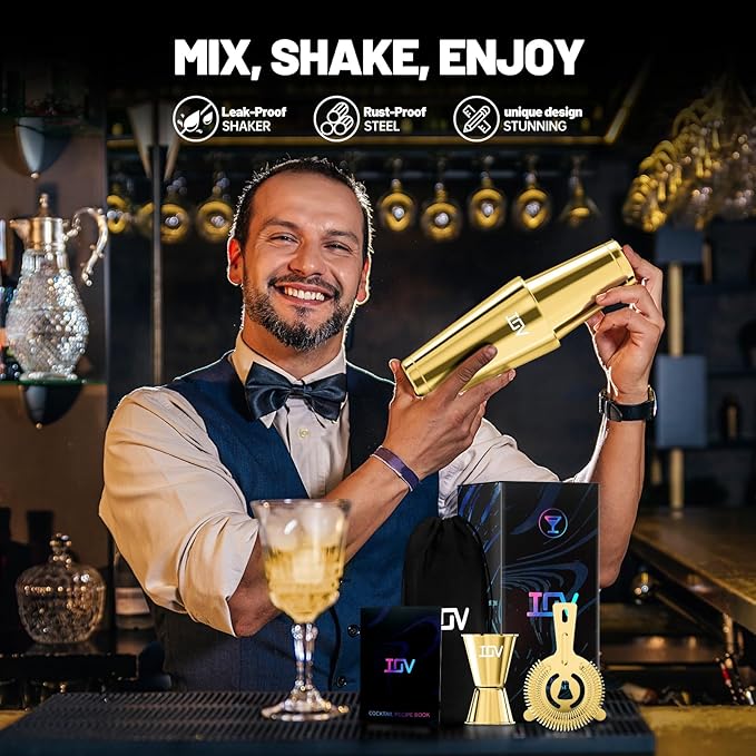 IOV Boston Cocktail Shaker Bar Set, Bartender Kit Drink Mixer Set with 18 oz & 28 oz Boston Shakers, Hawthorne Strainer, Double Jigger, Bar Tool Kit and Recipe Booklet - Gold