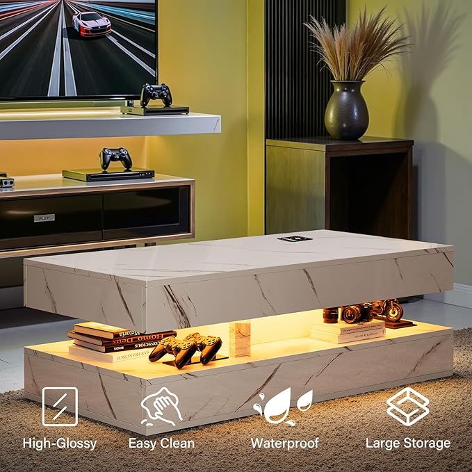 LED Coffee Table, 47.2" Coffee Tables with Storage Drawers, Smart Living Room Table with Wireless Charging & Bluetooth Speaker,Modern Center Tables for Living Room, White Marble
