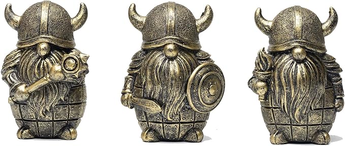 3PCS Viking Warrior Gnome Figurines Set-Viking Decor Home Ornament Mini Gnomes for Table,Shelves,Cabinet (Gold)