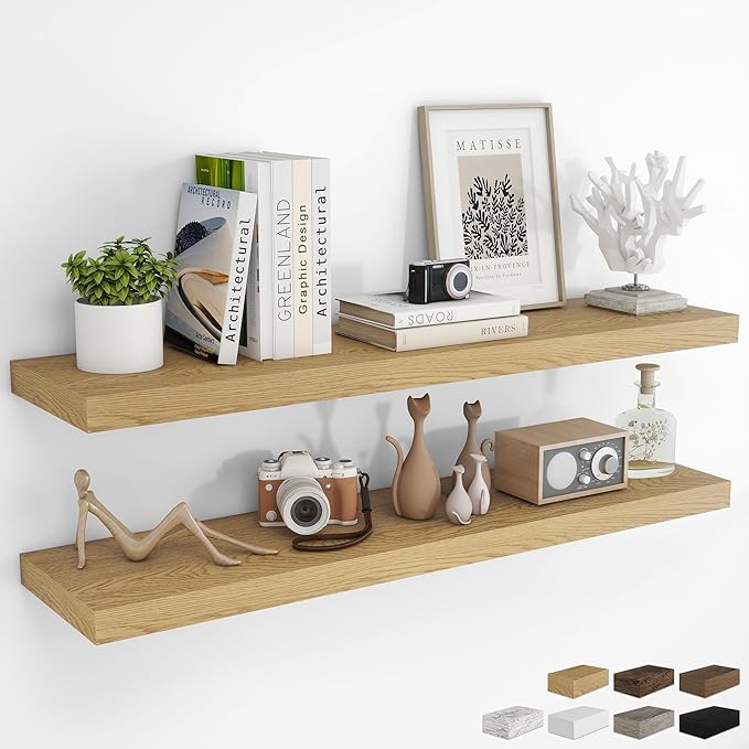 RICHFOCUS 48Inch Floating Shelves for Wall 2 Pack Shelves for Bedroom|Kitchen|Bathroom Wall Mounted Rustic Wood Floating Shelf with Invisible Brackets for Books|Storage|Decor, Oak