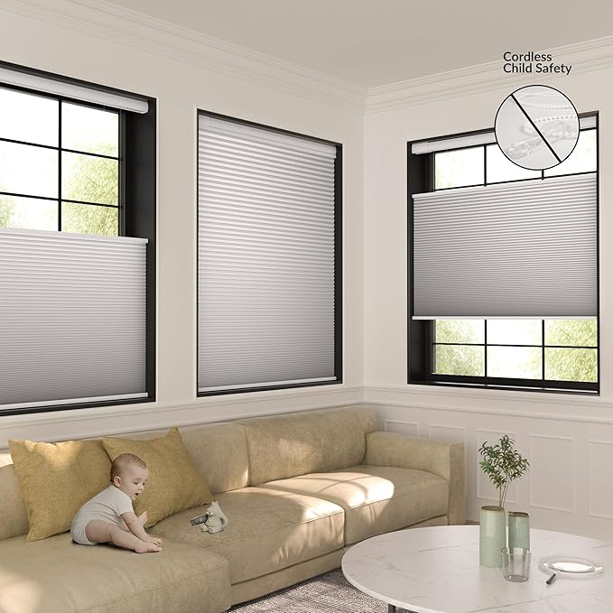 No Drill No Tools Cellular Shades Top Down Bottom Up Cordless Honeycomb Blinds Fabric Blackout Shades for Bedroom Living Room Windows Blinds, White, Custom Size