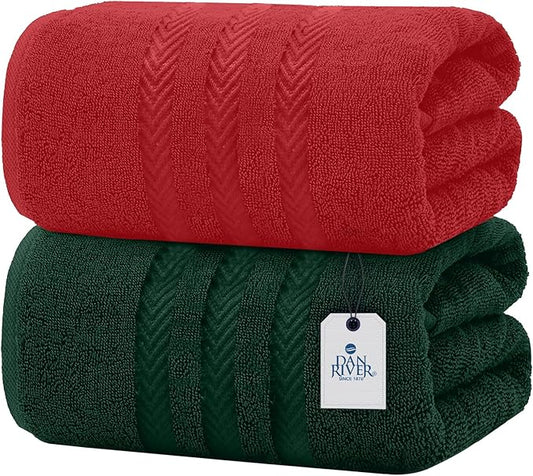 DAN RIVER Pack of 2 Christmas Bath Sheets, 35x70 Inches Extra Large Luxury Cotton Towels, Quick Dry Festive Red & Green Holiday Combo