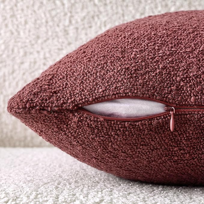 Woaboy Pack of 2 18x18 Inch Decorative Boucle Throw Pillow Covers Textured Square Pillowcaes Accent Solid Cozy Soft Cushion Covers Home Decor for Sofa Couch Living Room Home Decor,Burgundy