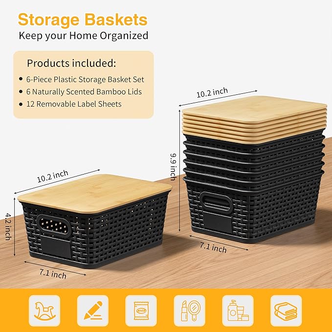 6 Pieces Black Plastic Storage Baskets with Bamboo Lids with Labels Stackable Storage Containers for Organizing Shelves Drawers Desktop Closets Playroom Classroom Office