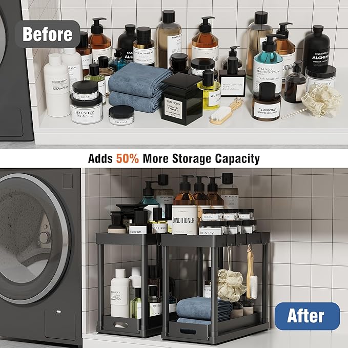 2 Pack Pull-Out Storage Organizers, Under Sink Organizer and Storage for Bathroom & Kitchen,Multi-Purpose Under Cabinet Organizers and storage Black