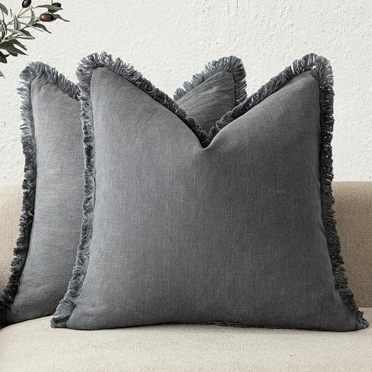 Foindtower Set of 2 Decorative Linen Fringe Throw Pillow Covers Cozy Boho Farmhouse Cushion Cover with Tassels Soft Accent Pillowcase for Couch Sofa Bed Living Room Home Decor, 24×24 Inch, Gray