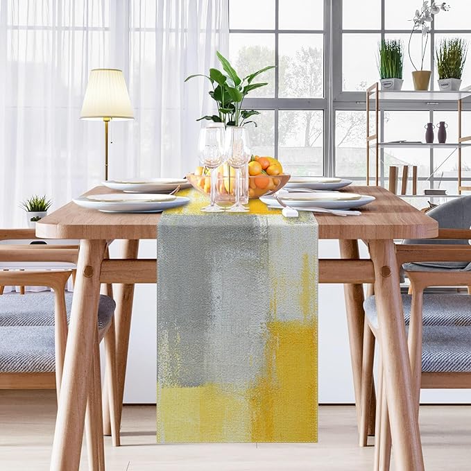 Emvency Yellow Abstract Table Runner, Modern Grey White Art Painting for Kitchen Coffee Table Family Dinners Holiday Parties Wedding Events Decor(13x72 inch)