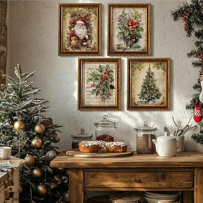 JXREQ Vintage Christmas Pictures Wall Decor Prints,Retro Christmas Wall Art Decorations for Home Kitchen Bedroom Bathroom Living Room Office,Santa Claus Xmas Tree Decor Prints Set of 4,8x10 Unframed