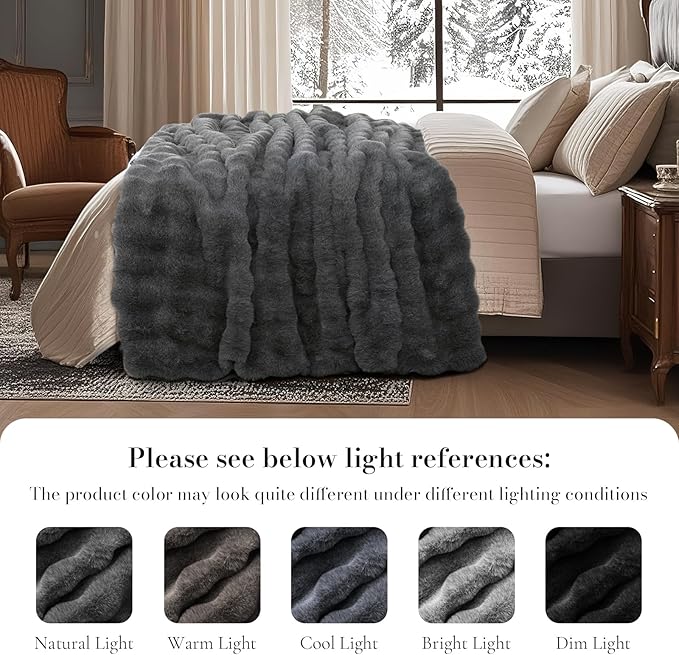 Amélie Home Faux Fur Throw Blanket, Ultra Soft Fuzzy Plush Bubble Blanket for Couch, Bed & Living Room, 60"x80", Cationic Wolf Gray
