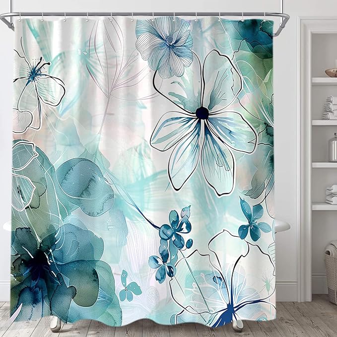 Sanzugh Teal Floral Shower Curtain, Boho Emerald Sage Hunter Olive Green Blue Abstract Flowers Art Cute Fabric Shower Curtains Set for Bathroom Decorative with Hooks 72 X 72 inch Spring Bath Decor