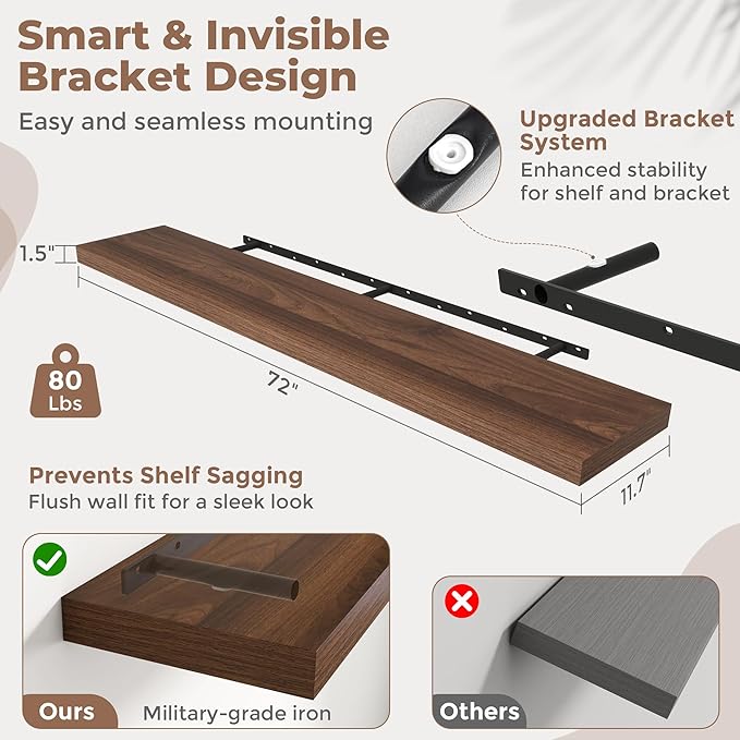 Floating Shelves for Wall with Invisible Brackets, Wall Mounted Engineered Wood Shelves with Wood Grain for Living Room, Bedroom, Bathroom, Kitchen Decor and Storage, Oak, 71"L Set of 2, Walnut