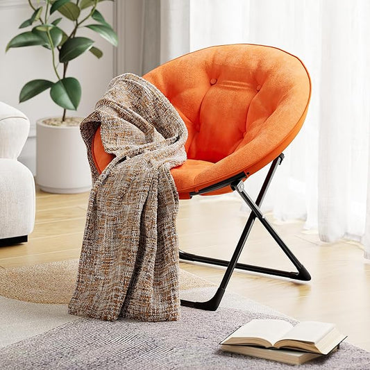 Folding Faux Fur Saucer Chair,Portable Folding Soft Moon Chair,Comfortable Lounge Chair with Metal Frame for Bedroom, Dorm Rooms, Apartments, Lounging, Garden and Courtyard, Orange