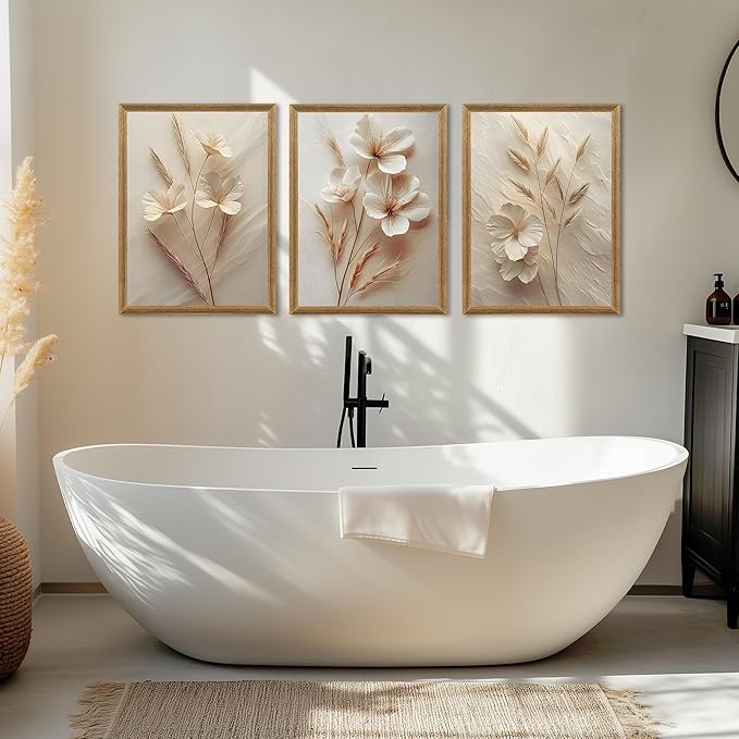 arfitest 3Pcs framed Neutral Beige Floral Canvas Wall art Modern Simple Texture Flower Plant Painting Picture Wall Decor Vintage Blossom Poster Print for Living Room Bedroom Bathroom (12x16 inches)