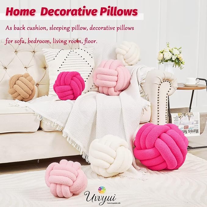 Uvvyui Knot Pillow Ball, Soft Home Decorative Pillows, Round Throw Pillow, Handmade Knotted Plush Pillow, Round Boucle Pillow Cushion (11 Inches Hot Pink)