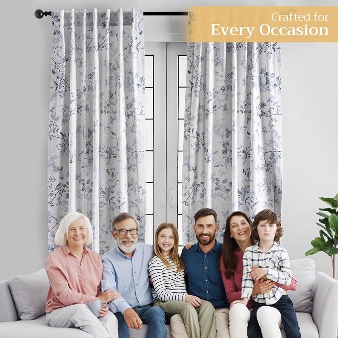 Maison d' Hermine Curtains for Living Room 100% Cotton 96 inch Length One Panel Light Filtering Curtains for Bedroom Windows with Rod and Loop Pockets Drapes (Equinoxe Blue, 50" W x 96" L)