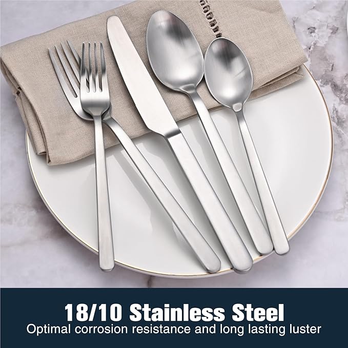 KINGSTONE Forged Silverware Set, 20 Piece Flatware Set for 4, 18/10 Stainless Steel Silverware Utensils Set, Matte Satin Finish Dishwasher Safe(Matte Silver)