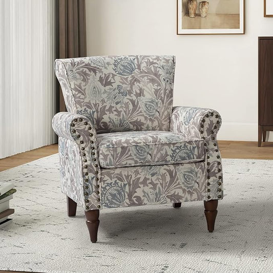 HULALA HOME Modern Wingback Accent Chair with Wood Legs & Removable Cushion, Comfy Upholstered Armchair with Nailhead Trim, Floral Pattern Single Sofa Chair for Living Room Bedroom, Grey