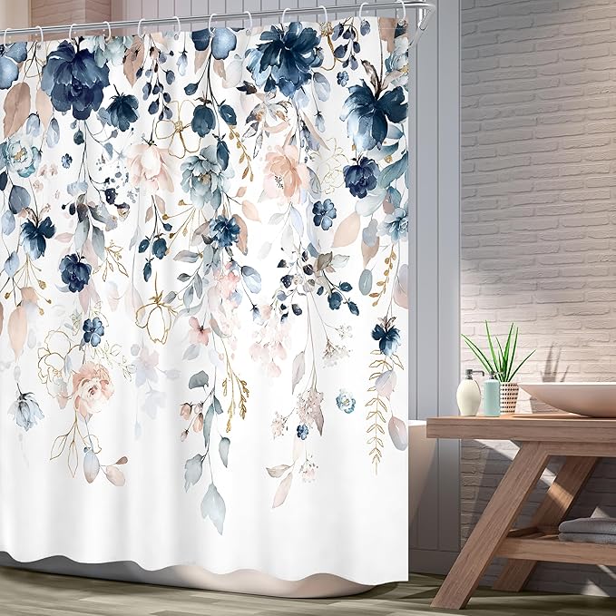 Blue Pink Floral Shower Curtain Extra Long 72Wx84L Inch Rustic Floral Boho Wildflower Watercolor Gold Eucalyptus Leaf Bathroom Set Plant Botanical Bath Curtain Bathtub Accessories Home Decor