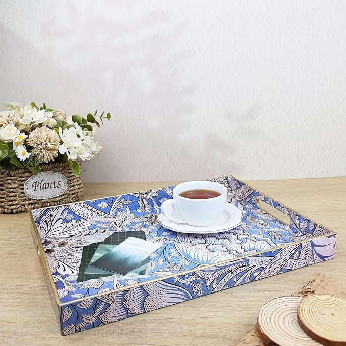 Rectangle Serving Tray with Handles, Coffee Table Tray for Ottoman, Living Room, Outdoor Tray for Patio Entertaining, Serving Breakfast Kitchen Platter, Windrush