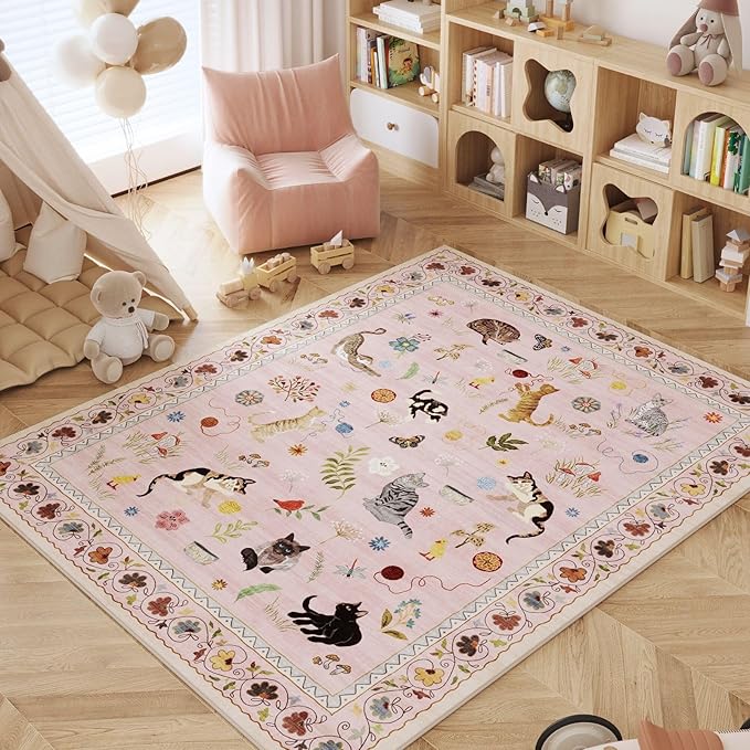 Rugcomf Bedroom Rug 3x5 Rug Washable Area Rug Non Slip Low Pile Boho Floral Animal Cat Small Carpet for Bedroom Bedside Kitchen Entryway Kids Room Office College Dorm Essentials for Girls, Pink
