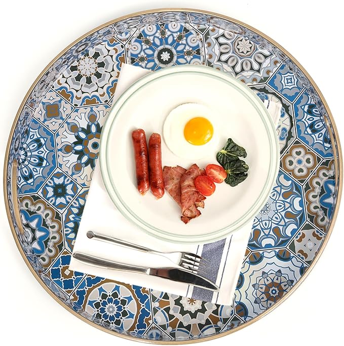 Round Coffee Table Trays, Serving Tray with Handles for Ottoman Coffee Table, Large Tray for Living Room Modern