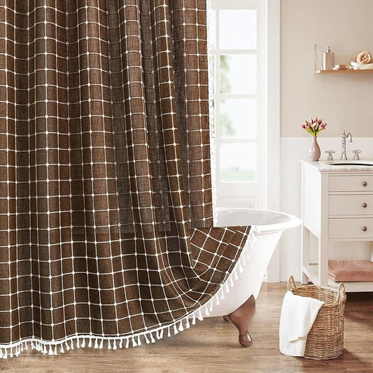 MitoVilla Brown Boho Shower Curtains for Modern Farmhouse Bathroom Decor, Country Thick Polyester Linen Fabric Shower Curtain with Tassel, 72 x 72