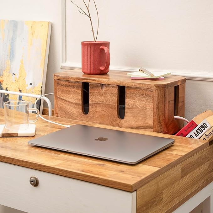 Cable Management Box & Cord Organizer- Cable Organizer for Desk, Home, Office. Hides Wires, Surge Protectors, Power Strips. Eco Friendly Mango Wood Cord Management Solution (Natural Acacia)
