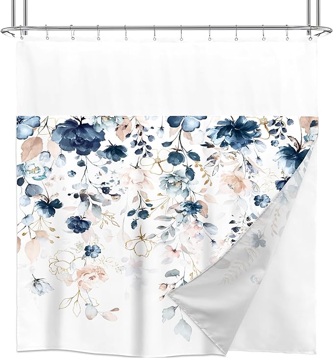 Floral Shower Curtain 72Wx72L Inch with Snap in Liner Spring Blue Pink Flower Eucalyptus Leaf Girl Bathroom Set Watercolor Pastel Plant Botanical Bath Curtain Bathtub Accessories Home Decor