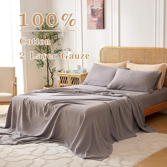 Twin Sheets Set 100% Cotton Bed Sheets 3 Pcs Gray Fall Linen Like Sheet 16" Deep Pocket Sheet & Pillowcase Sets Boho Muslin Soft Twin Bedding Sets for All Season Machine Wash