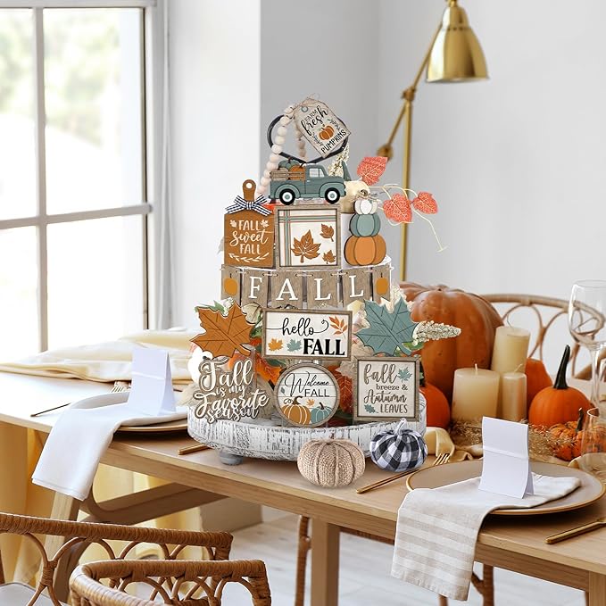 21 Pcs Fall Tiered Tray Decoration Set Thanksgiving Table Sign Pumpkins Farmhouse Decor Gnome Maple Leaves Centerpieces Harvest Wood Blocks Signs Fall Block Tabletop for Autumn(Classic)