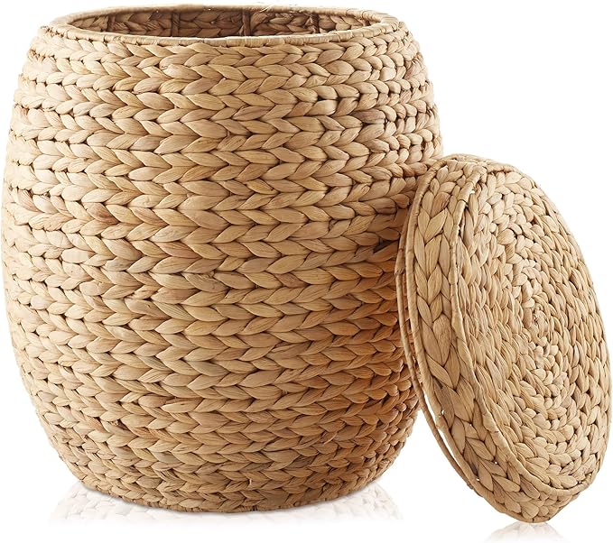 Casafield Round Storage Basket with Lid - Natural, Handwoven Water Hyacinth Organizer for Laundry, Blankets, Plants, Bedroom, Living Room, Home Office