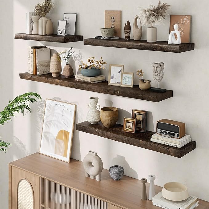 Floating Shelves, 8" Deep Rustic Solid Wood Wall Mounted Floating Shelves, Wall Shelves with Invisible Bracket for Living Room Bathroom Bedroom Kitchen, 55 Inch, Walnut