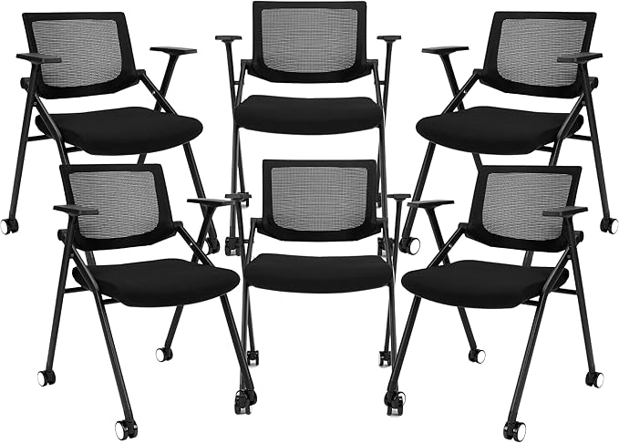 6 Pack Stackable Conference Room Chairs with Wheels and Paddle, Ergonomic Mesh Back and Arms for Meeting, Conference, Reception, Training Room & Home Office Desk Folding Chairs