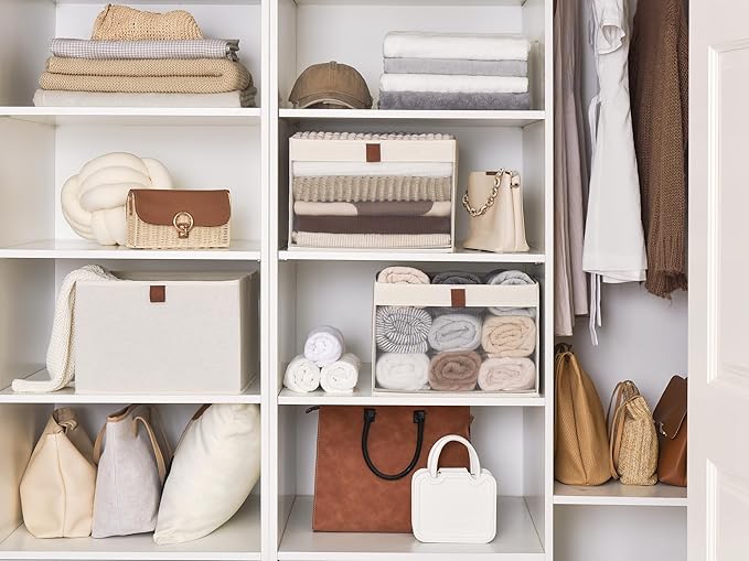 StorageWorks Closet Storage Bins, Extra Large Storage Baskets with Clear Window and Handles, Foldable Fabric Organizer for Clothes, Shelves, Beige, 3 Pack